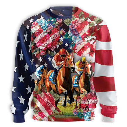 American Flag Rose Horse Racing Sweatshirt – Colorful Graphic 3D All Over Print Design