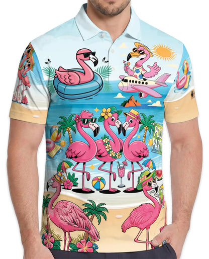 Flamingo Pool Party Polo Shirt for Men - Print Flamingo Party Shirt | Azhawaiian