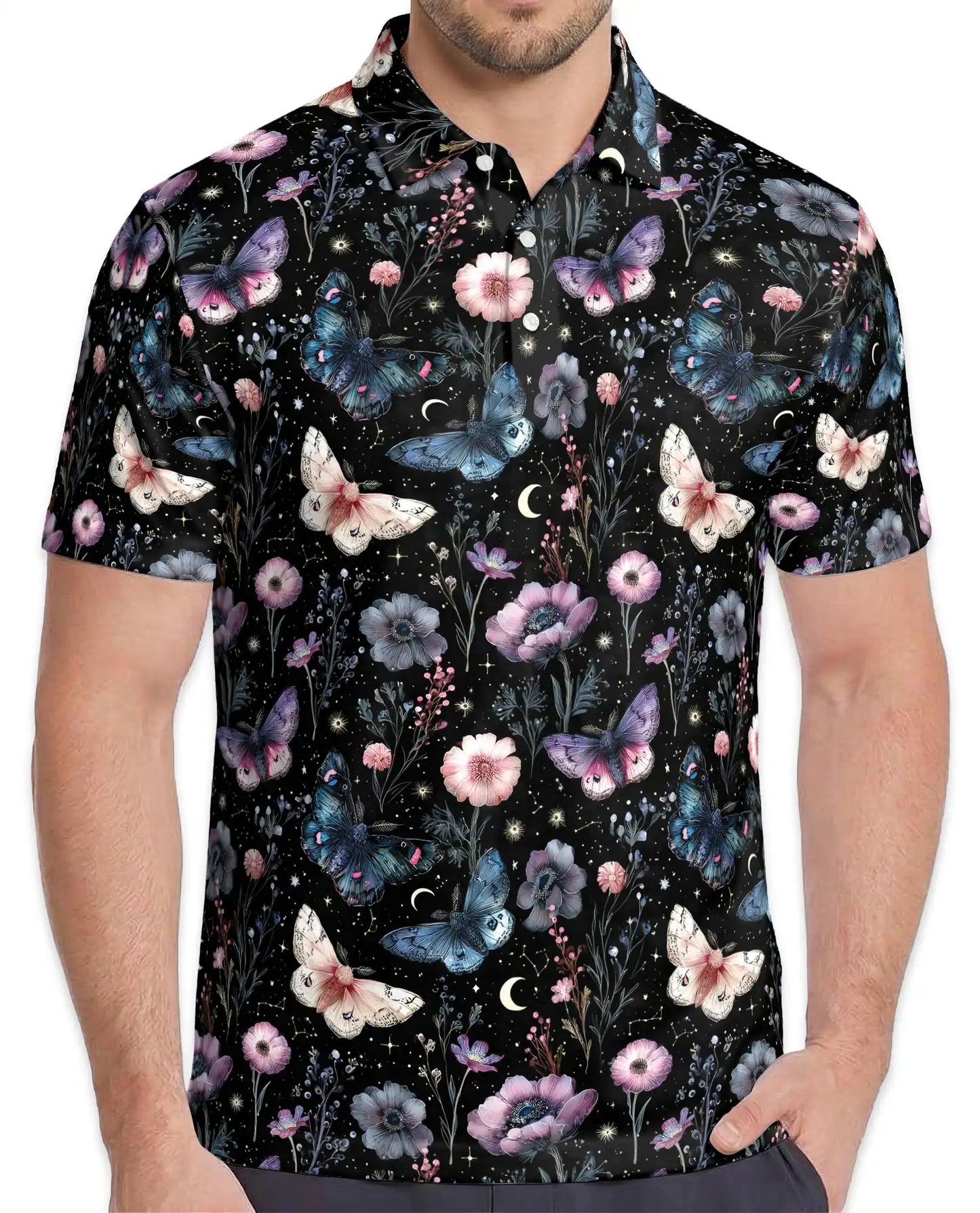 Butterfly Floral Polo Shirt - Moonlit Botanical Garden Style | Azhawaiian