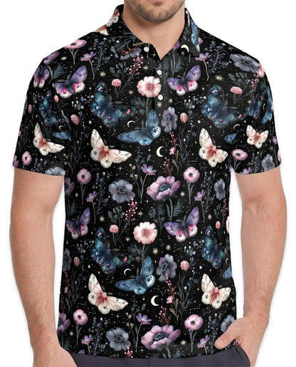 Butterfly Floral Polo Shirt - Moonlit Botanical Garden Style | Azhawaiian