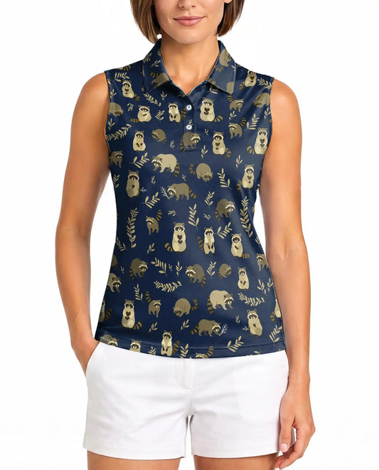 Navy Raccoon Pattern Sleeveless Polo Shirt for Women | Azhawaiian
