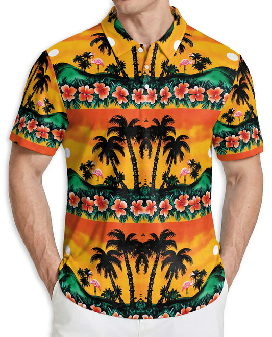 Tropical Sunset Polo Shirt, Palm Tree Flamingo Print | Azhawaiian