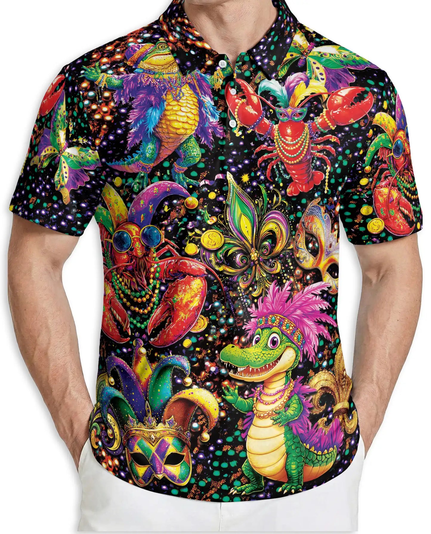 Mardi Gras Alligator 3D Polo Shirt for Men, Carnival Cajun Style | Azhawaiian