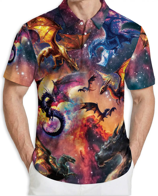 Cosmic Fantasy Dragon 3D Polo Shirt for Men, Galaxy Mythical Creature Style | Azhawaiian