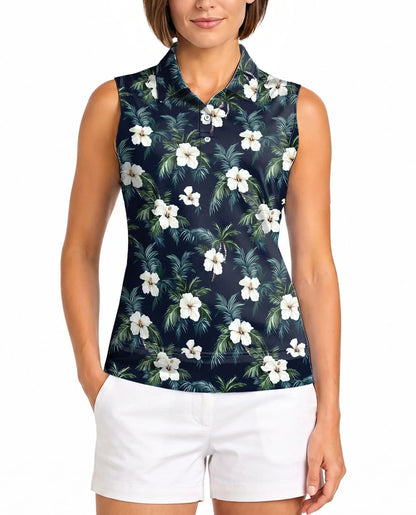 Tropical Hibiscus Pattern Sleeveless Polo Shirt for Women | Azhawaiian