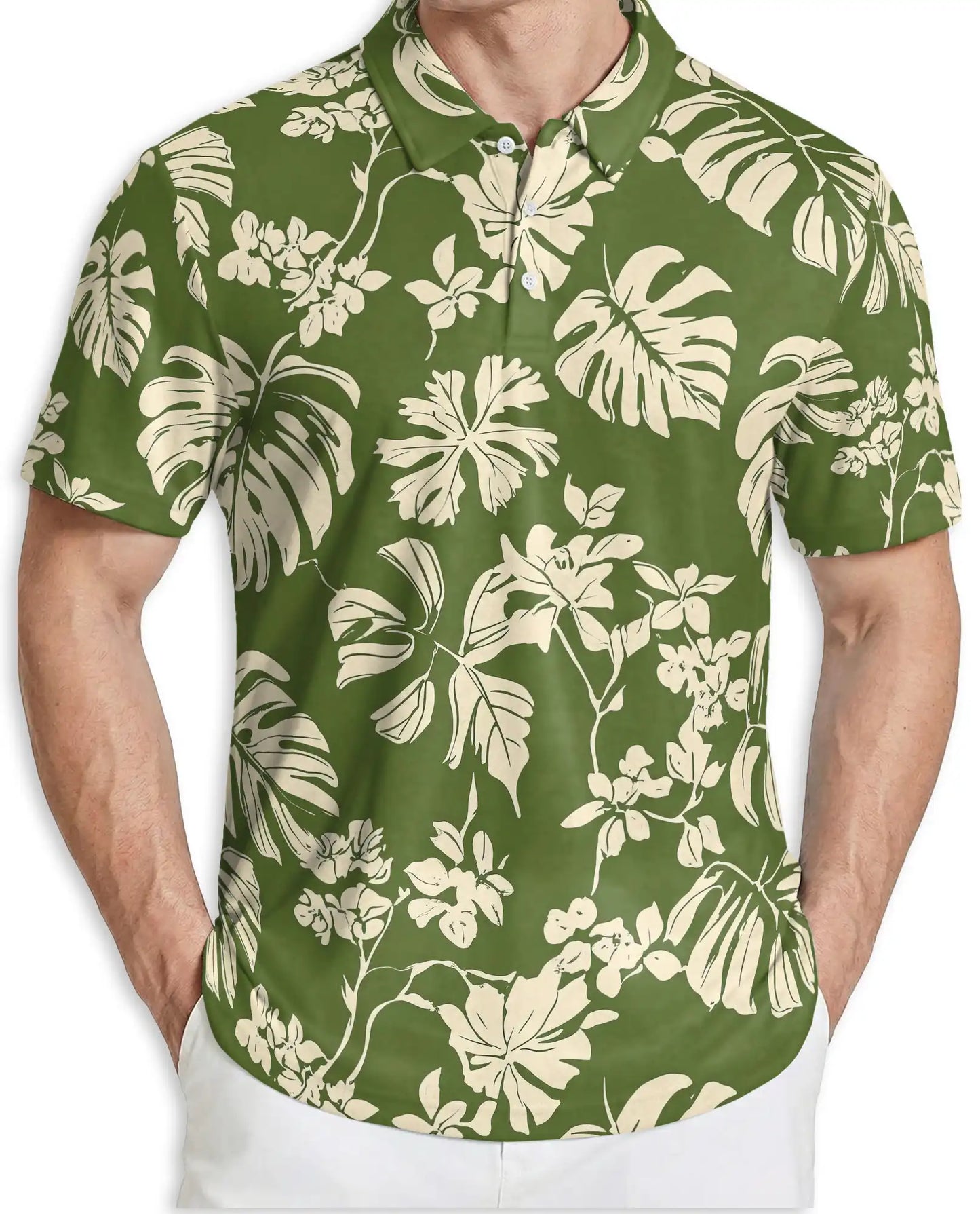 Tropical Floral Polo Shirt, Olive Monstera Print | Azhawaiian