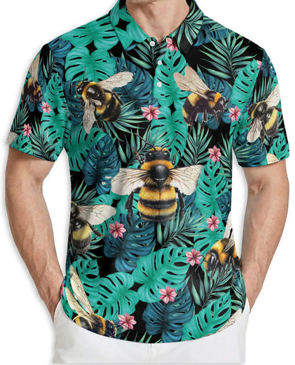 Bee Tropical Polo Shirt, Monstera Jungle Print | Azhawaiian