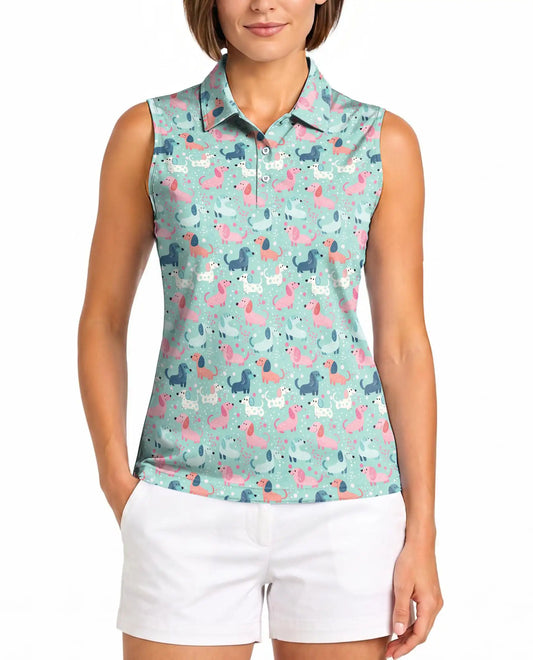 Dachshund Print Sleeveless Polo Shirt for Women, Cute Dog Lover Style | Azhawaiian