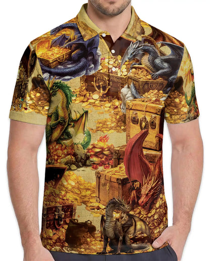 Dragon Treasure Hoard Polo Shirt for Men - Medieval Fantasy Gold | Azhawaiian
