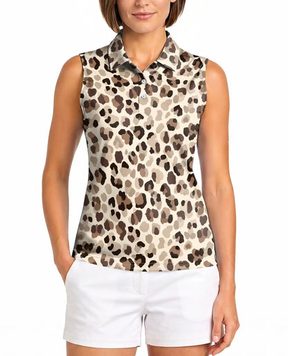 Brown Leopard Print Sleeveless Polo Shirt for Women | Azhawaiian