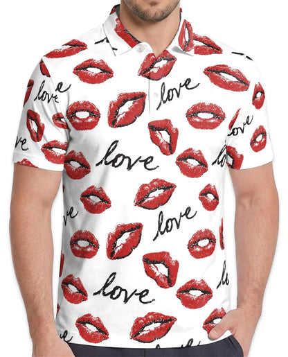 Love Kiss Lips Polo Shirt for Men - Romantic Red Lip Print | Azhawaiian