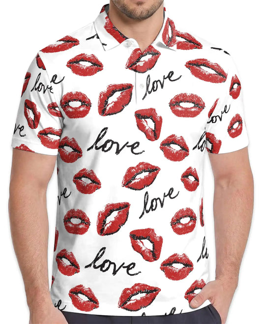 Love Kiss Lips Polo Shirt for Men - Romantic Red Lip Print | Azhawaiian