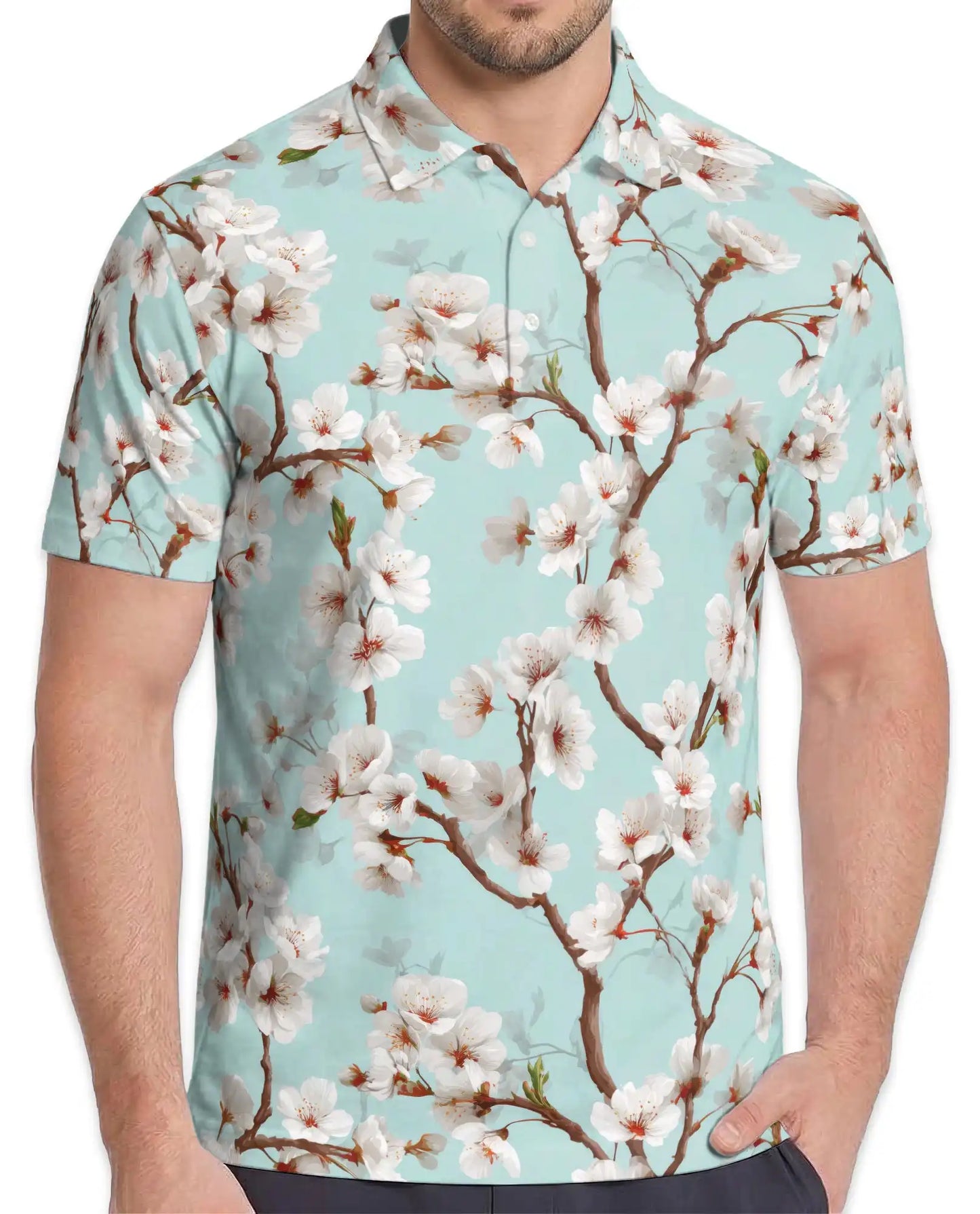 White Cherry Blossom Polo Shirt for Men, Spring Floral Style | Azhawaiian