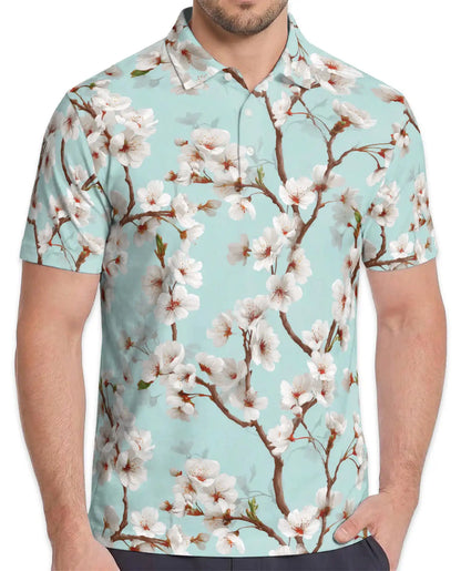 White Cherry Blossom Polo Shirt for Men, Spring Floral Style | Azhawaiian