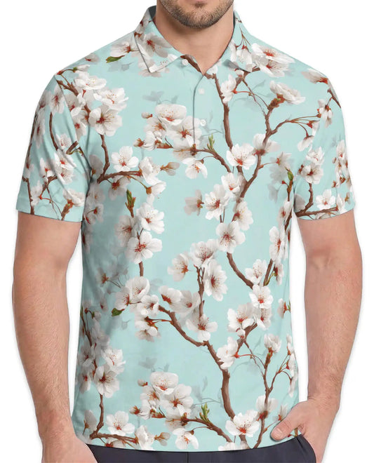 White Cherry Blossom Polo Shirt for Men, Spring Floral Style | Azhawaiian