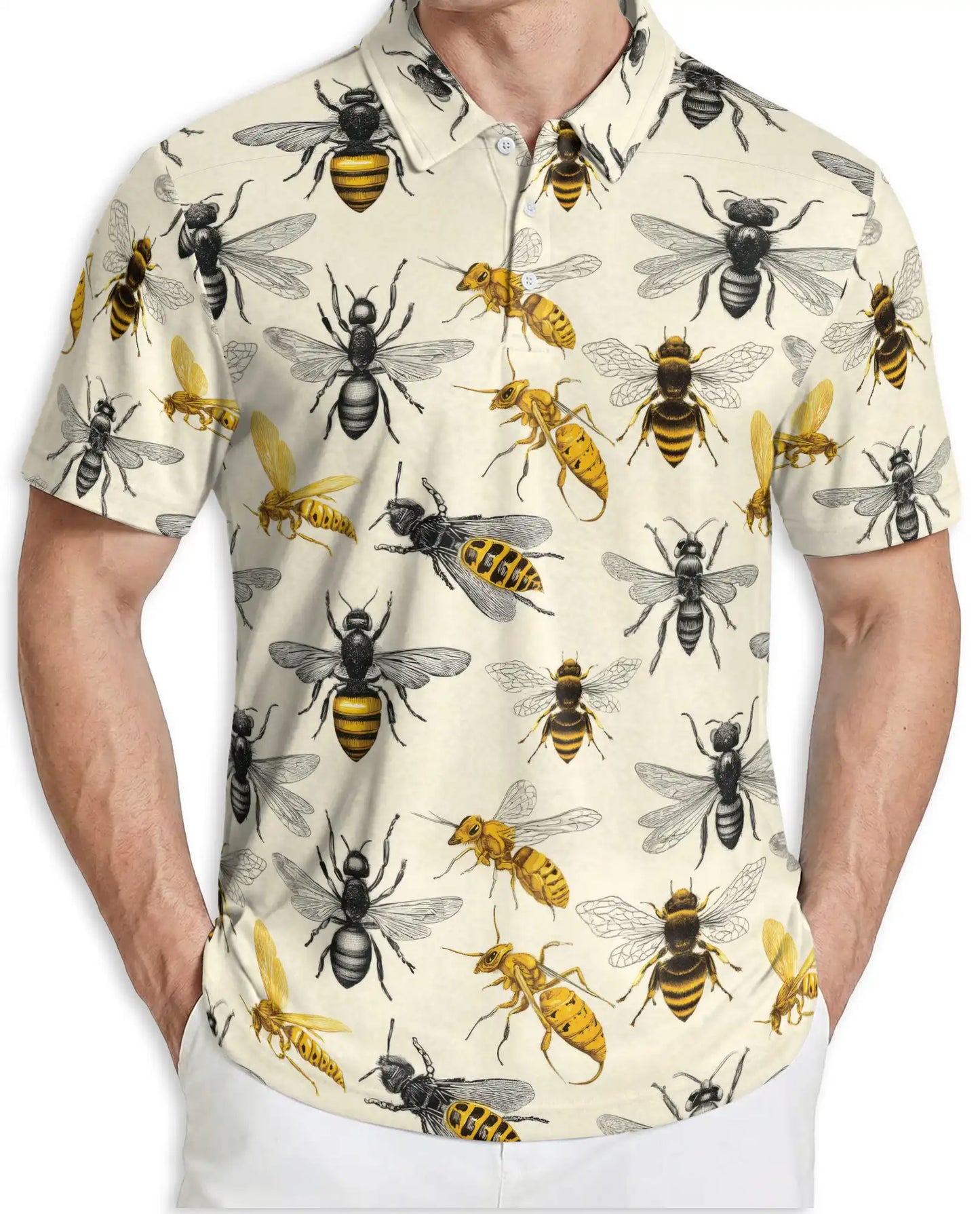 Bee Polo Shirt, Vintage Pollinator Insect Print | Azhawaiian