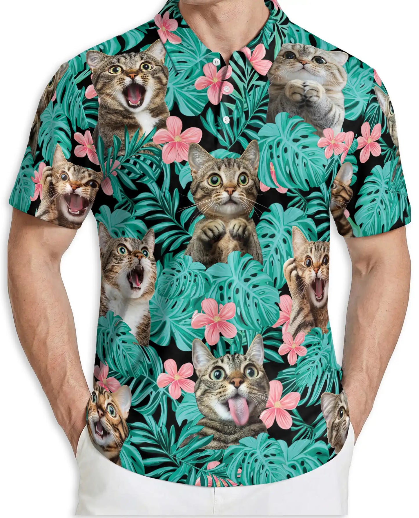 Funny Tropical Cat Polo Shirt for Men- Print Cute Cat | Azhawaiian