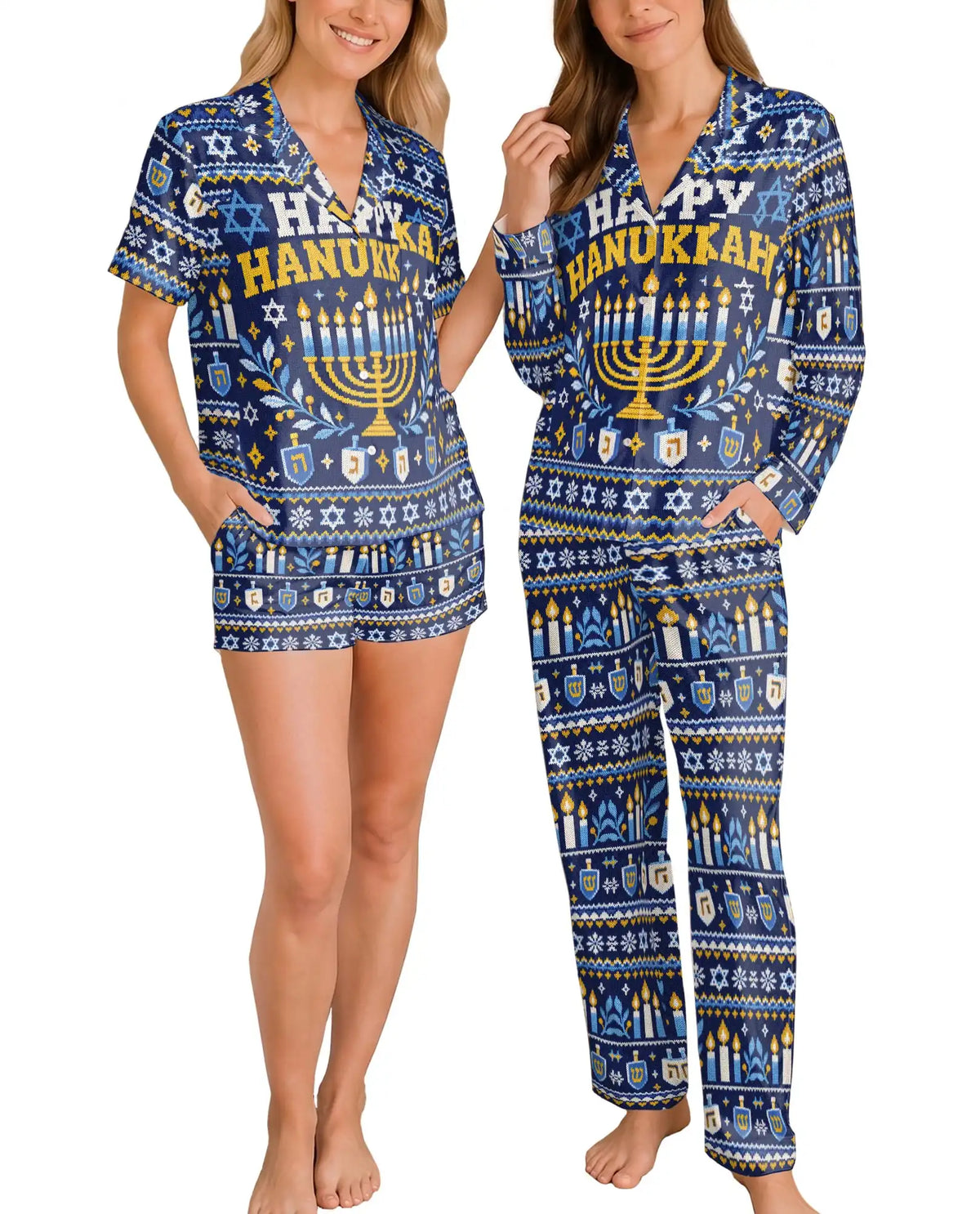 Happy Hanukkah Pajama Set for Women – Navy Blue Menorah & Fair Isle Print
