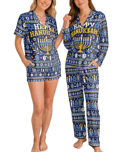 Happy Hanukkah Pajama Set for Women – Navy Blue Menorah & Fair Isle Print