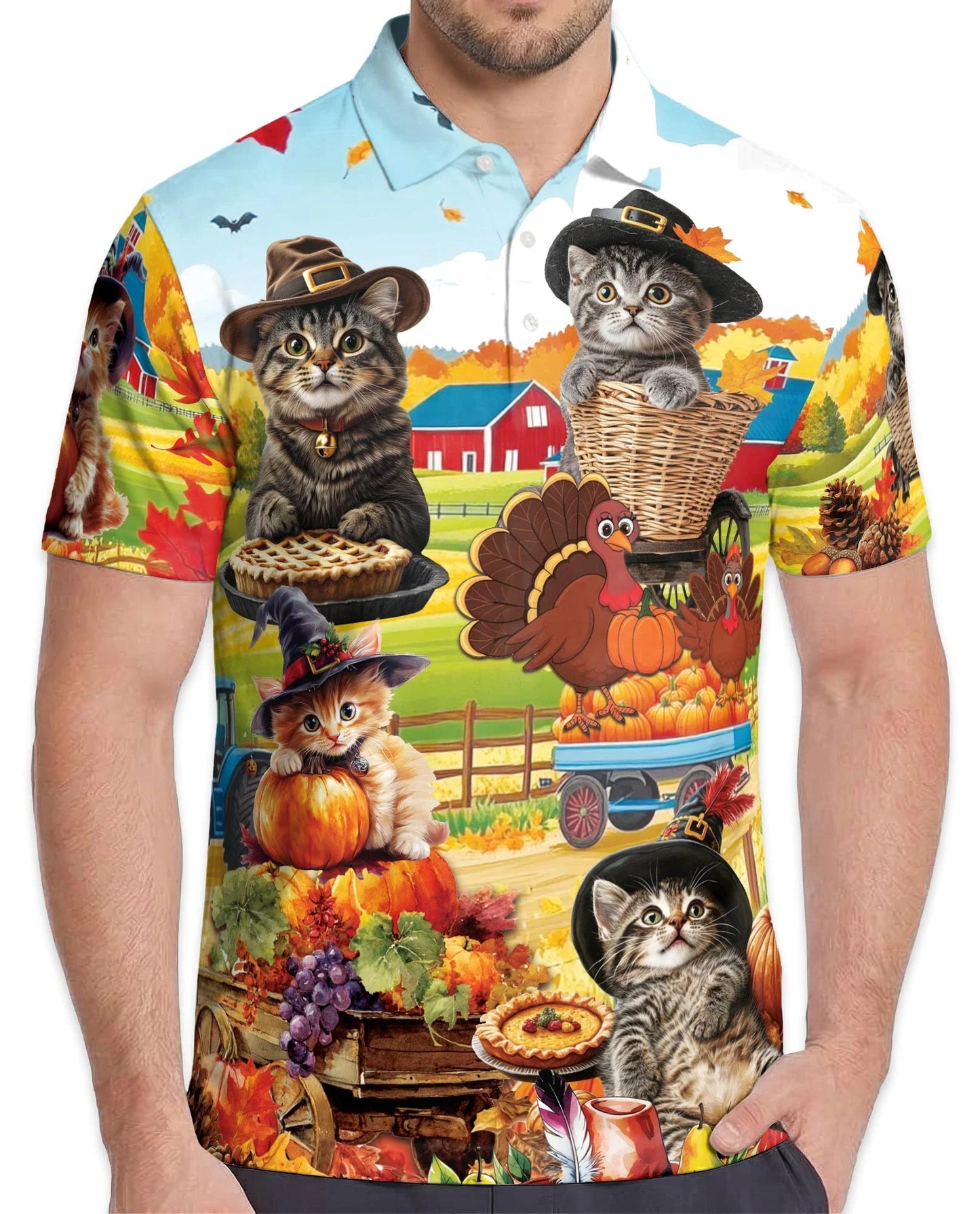 Thanksgiving Cat Polo Shirt for Men, Cute Fall Holiday Style | Azhawaiian