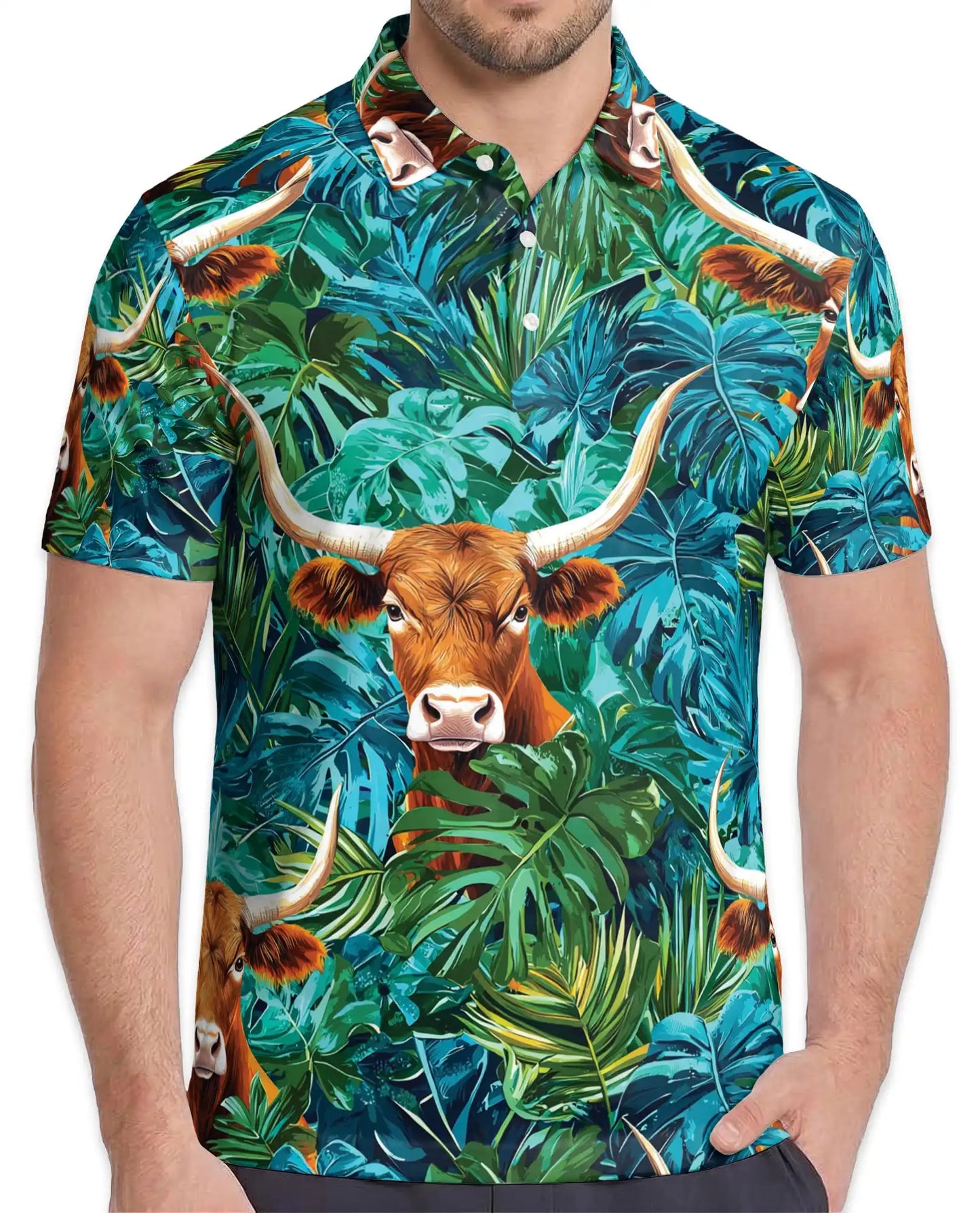 Texas Longhorn Tropical Polo Shirt - Western Jungle Style | Azhawaiian