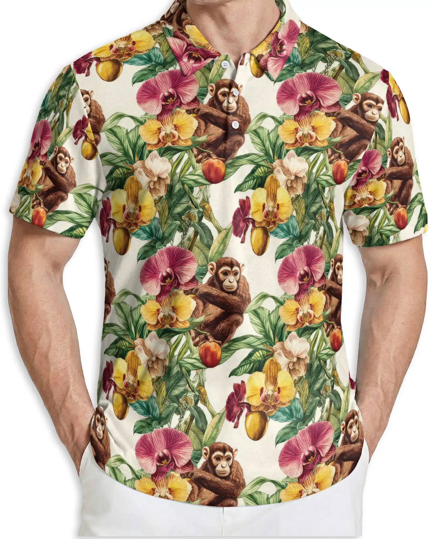 ropical Monkey Polo Shirt, Orchid Floral Print | Azhawaiian
