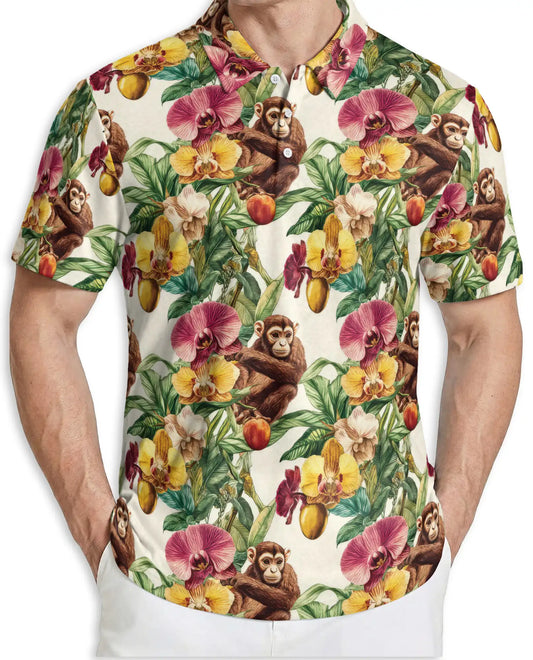 ropical Monkey Polo Shirt, Orchid Floral Print | Azhawaiian