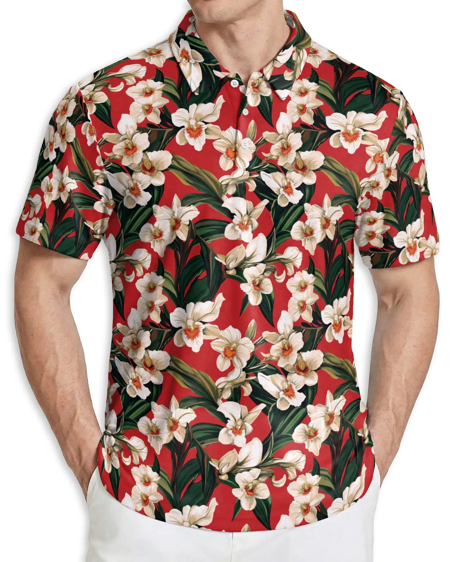 Red Floral Polo Shirt, Tropical Orchid Print | Azhawaiian