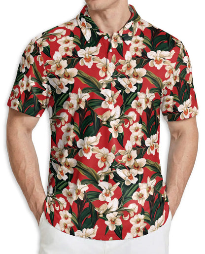 Red Floral Polo Shirt, Tropical Orchid Print | Azhawaiian
