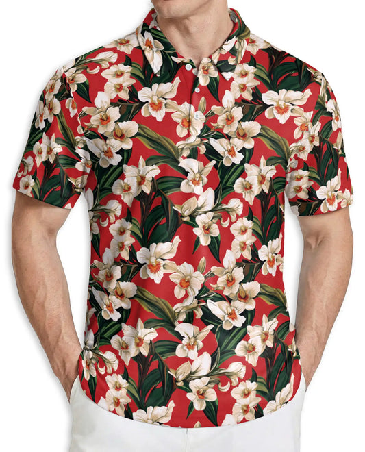 Red Floral Polo Shirt, Tropical Orchid Print | Azhawaiian