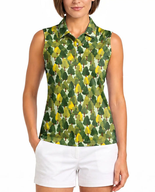 Pattern Tree Sleeveless Polo Shirt for Women, Nature Botanical Style | Azhawaiian