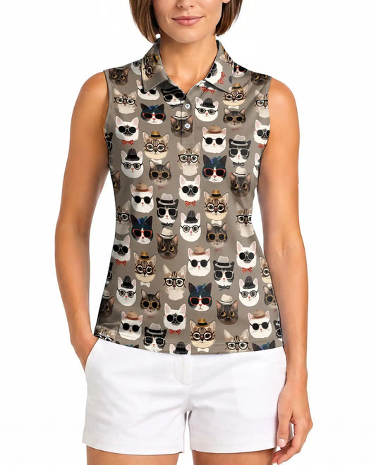 Cool Cats Print Sleeveless Polo Shirt for Women, Stylish Cat Lover Style | Azhawaiian