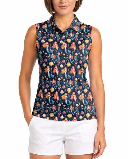 Under The Sea Mermaid Sleeveless Polo Shirt for Women, Ocean Fantasy Style | Azhawaiian
