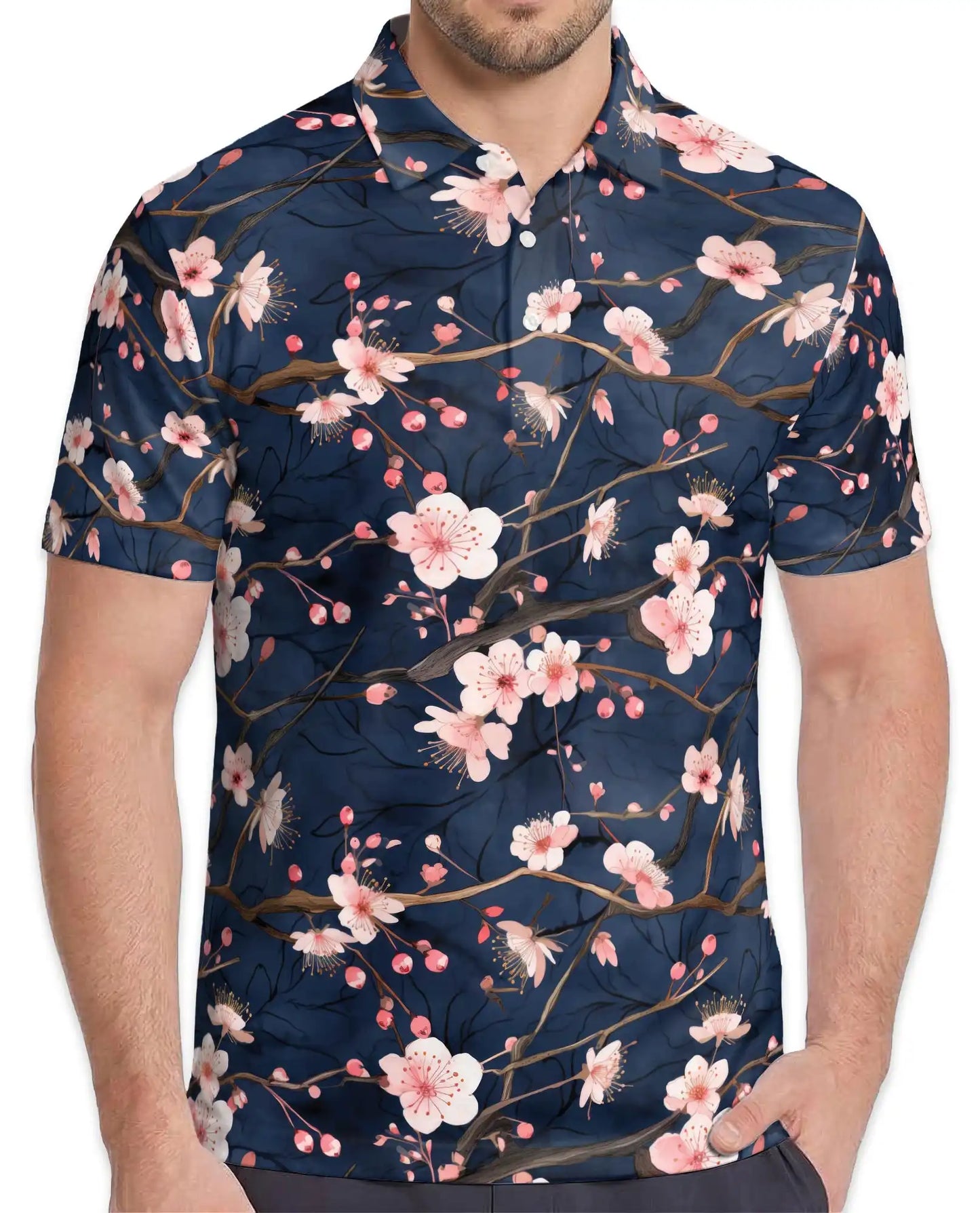 Cherry Blossom Branch Polo Shirt for Men, Spring Floral Style | Azhawaiian