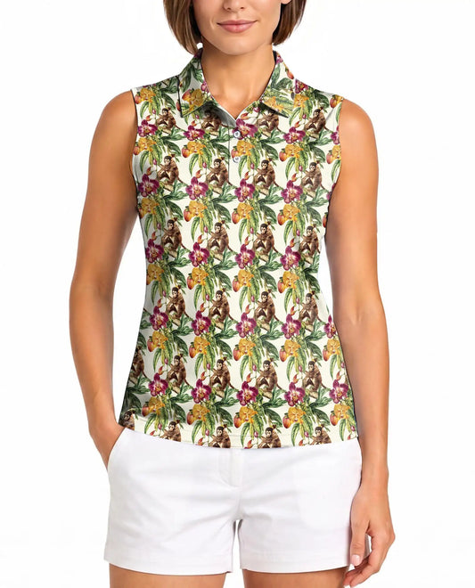 Tropical Monkey Sleeveless Polo Shirt for Women, Cute Jungle Animal Style | Azhawaiian