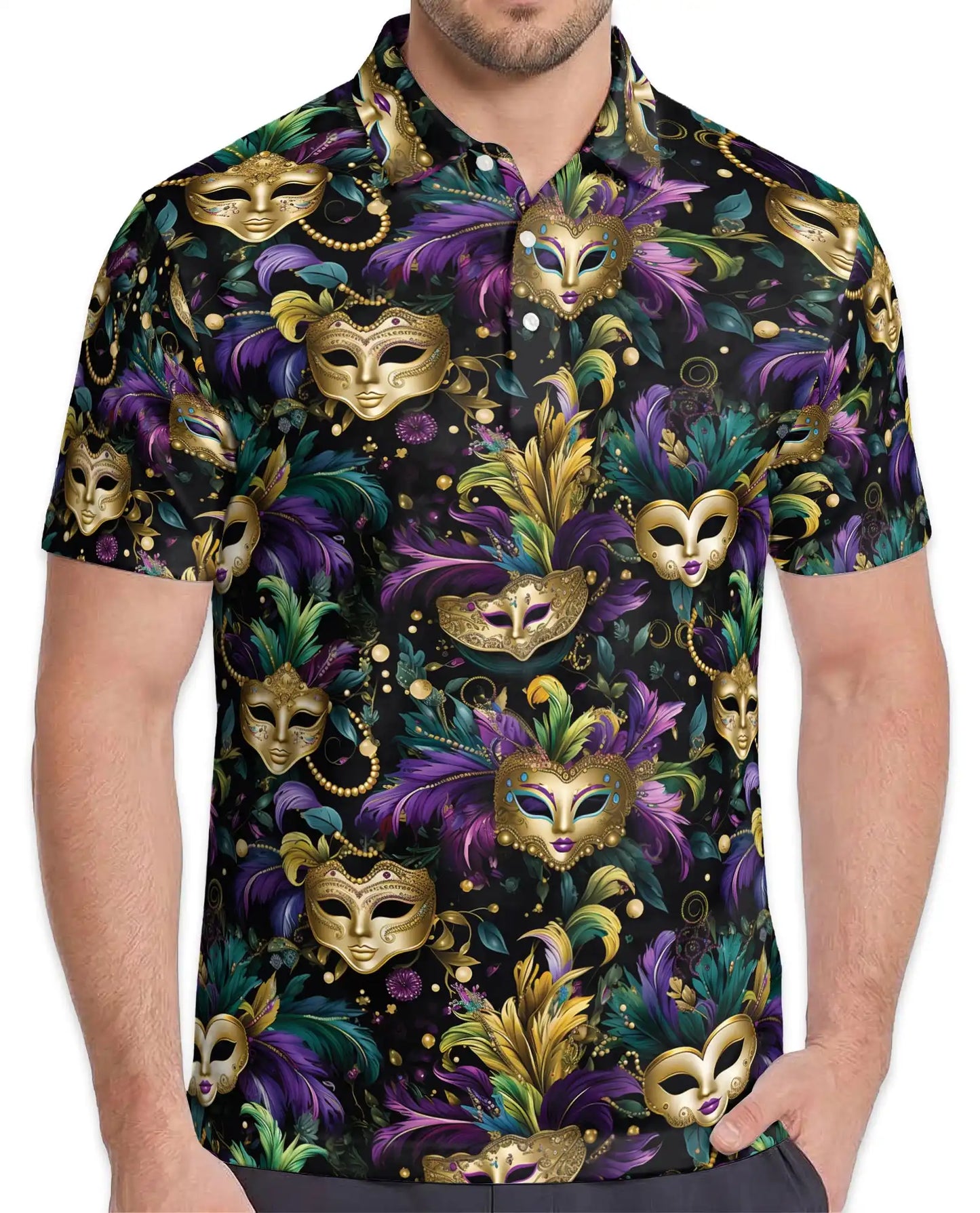 Mardi Gras Carnival Mask Hawaiian Polo Shirt for Men-Purple Green Gold Festival Party Shirt | Azhawaiian