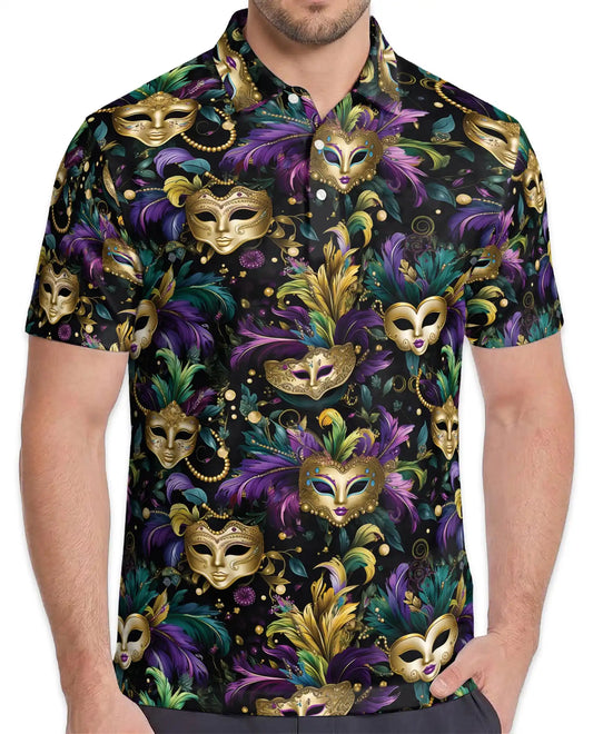 Mardi Gras Carnival Mask Hawaiian Polo Shirt for Men-Purple Green Gold Festival Party Shirt | Azhawaiian