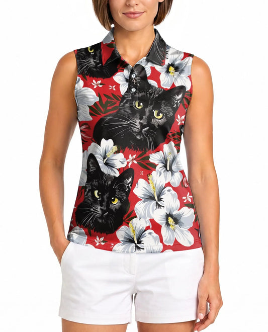 Black Cat Sleeveless Polo Shirt for Women | Azhawaiian