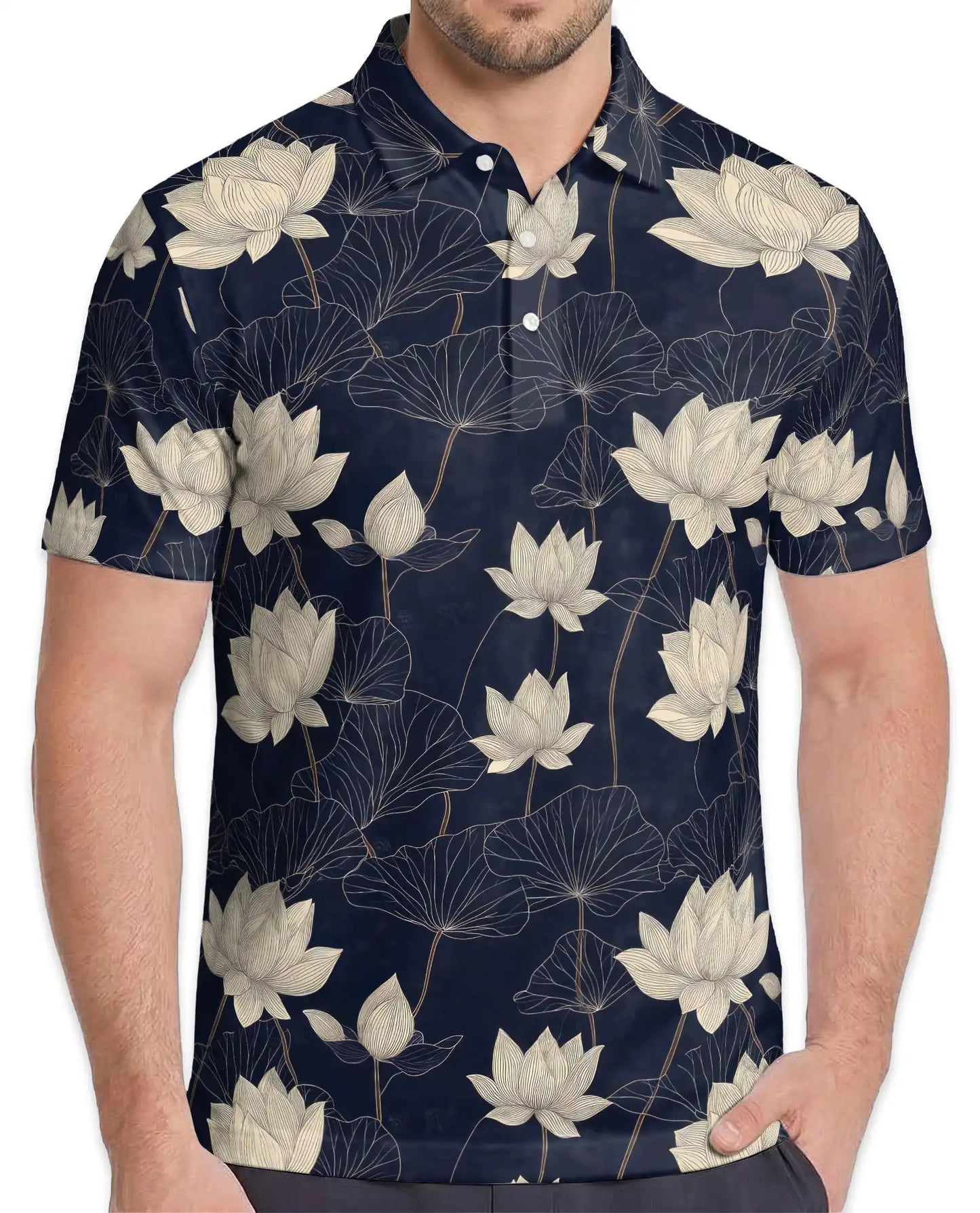 Lotus Flower Polo Shirt for Men, Elegant Botanical Style | Azhawaiian