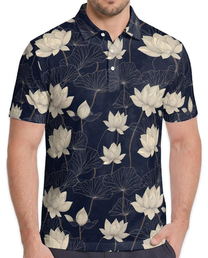 Lotus Flower Polo Shirt for Men, Elegant Botanical Style | Azhawaiian