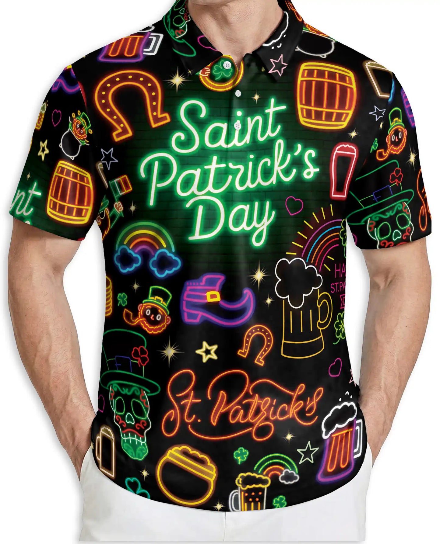 St Patrick’s Day Neon 3D Polo Shirt for Men, Funny Irish Party Style | Azhawaiian