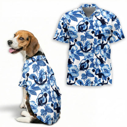 Water Polo Tropical Hibiscus Print Matching Dog Owner Hawaiian Shirts, Funny Pet Aloha Shirt for Beach Vacation - Azhawaiian