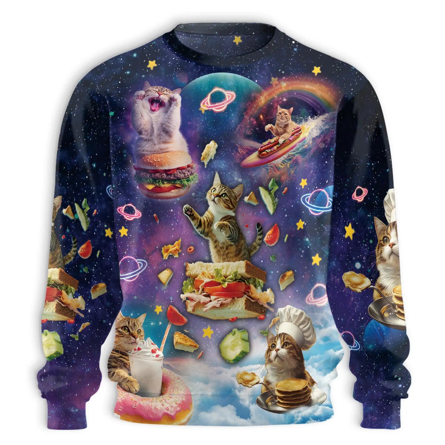 Space Cats Eating Food Sweatshirt – Colorful Graphic 3D All Over Print Design