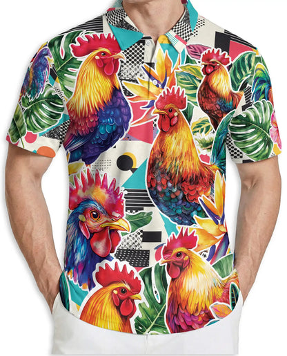 Rooster Tropical Polo Shirt, Colorful Farm Print | Azhawaiian