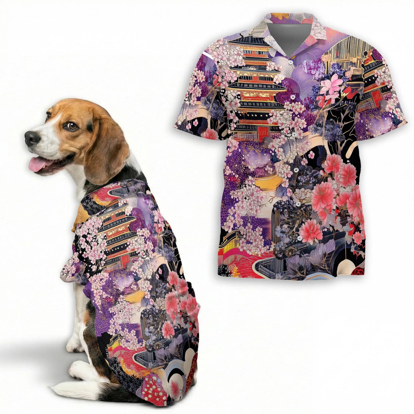 Japanese Ukiyoe Sakura Art Print Matching Dog Owner Hawaiian Shirts, Funny Pet Aloha Shirt for Beach Vacation - Azhawaiian