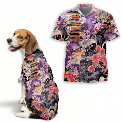 Japanese Ukiyoe Sakura Art Print Matching Dog Owner Hawaiian Shirts, Funny Pet Aloha Shirt for Beach Vacation - Azhawaiian