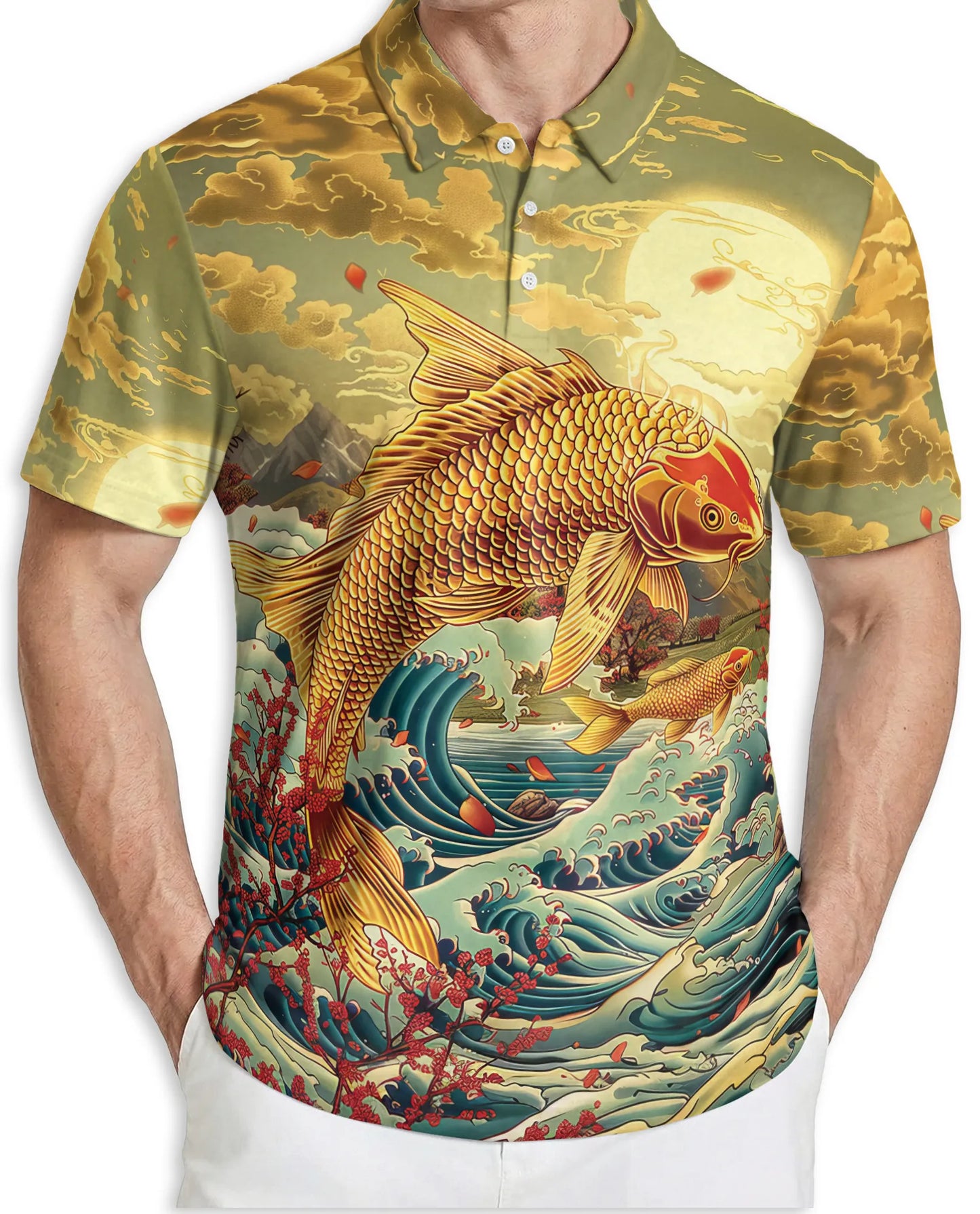 Golden Koi Fish 3D Polo Shirt for Men, Japanese Ocean Art Style | Azhawaiian
