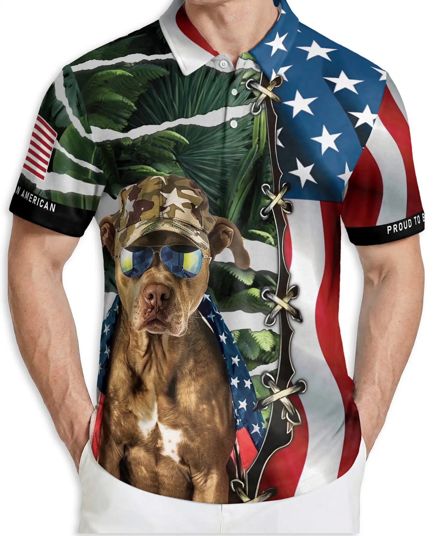 Patriotic Dog Polo Shirt for Men- American Style 4th of July Shirt  | Azhawaiian