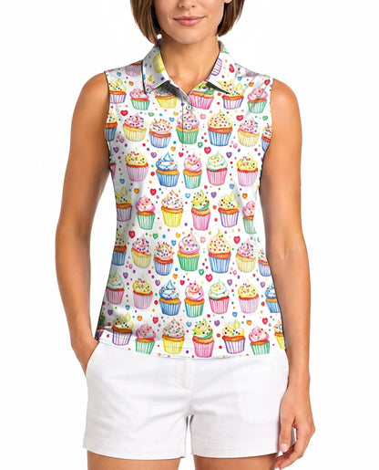 Cupcake Pattern Sleeveless Polo Shirt for Women | Azhawaiian
