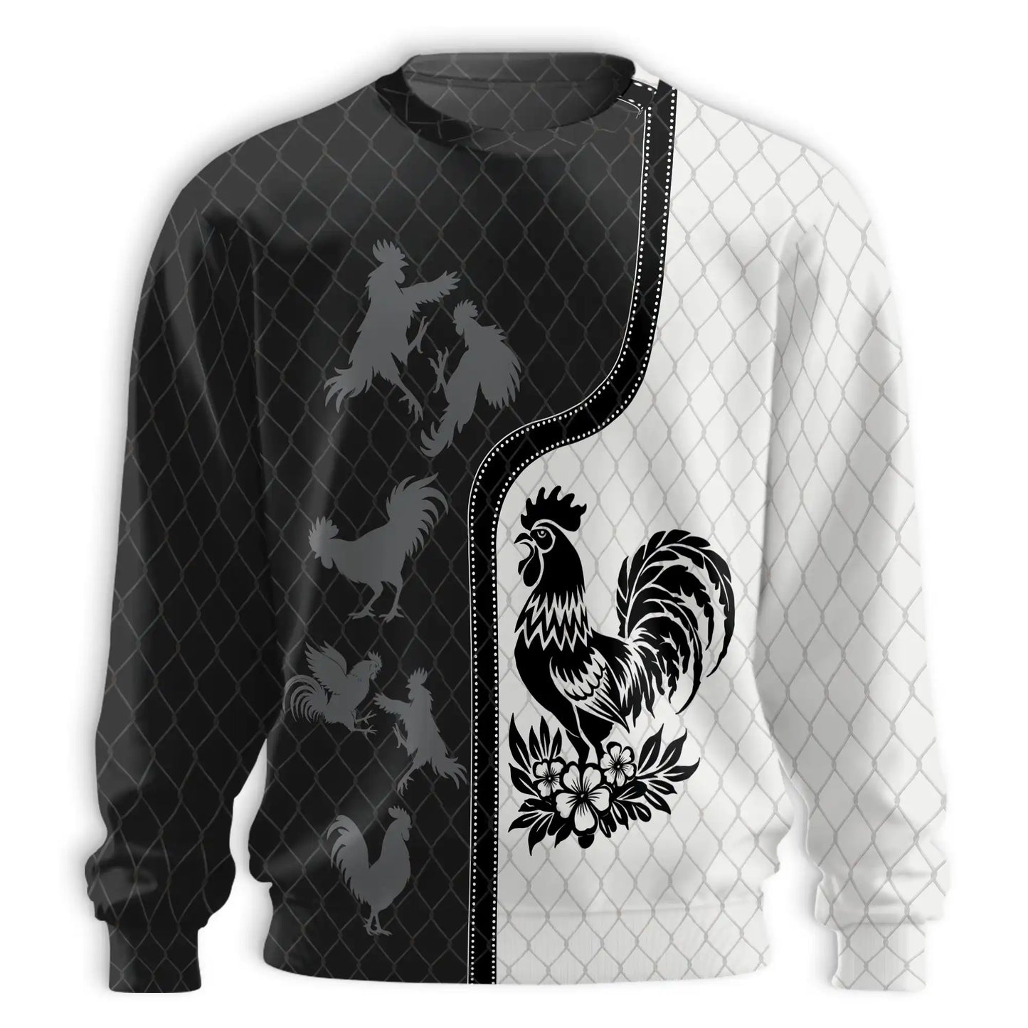 Monochrome Rooster Pattern Sweatshirt – Colorful Graphic 3D All Over Print Design